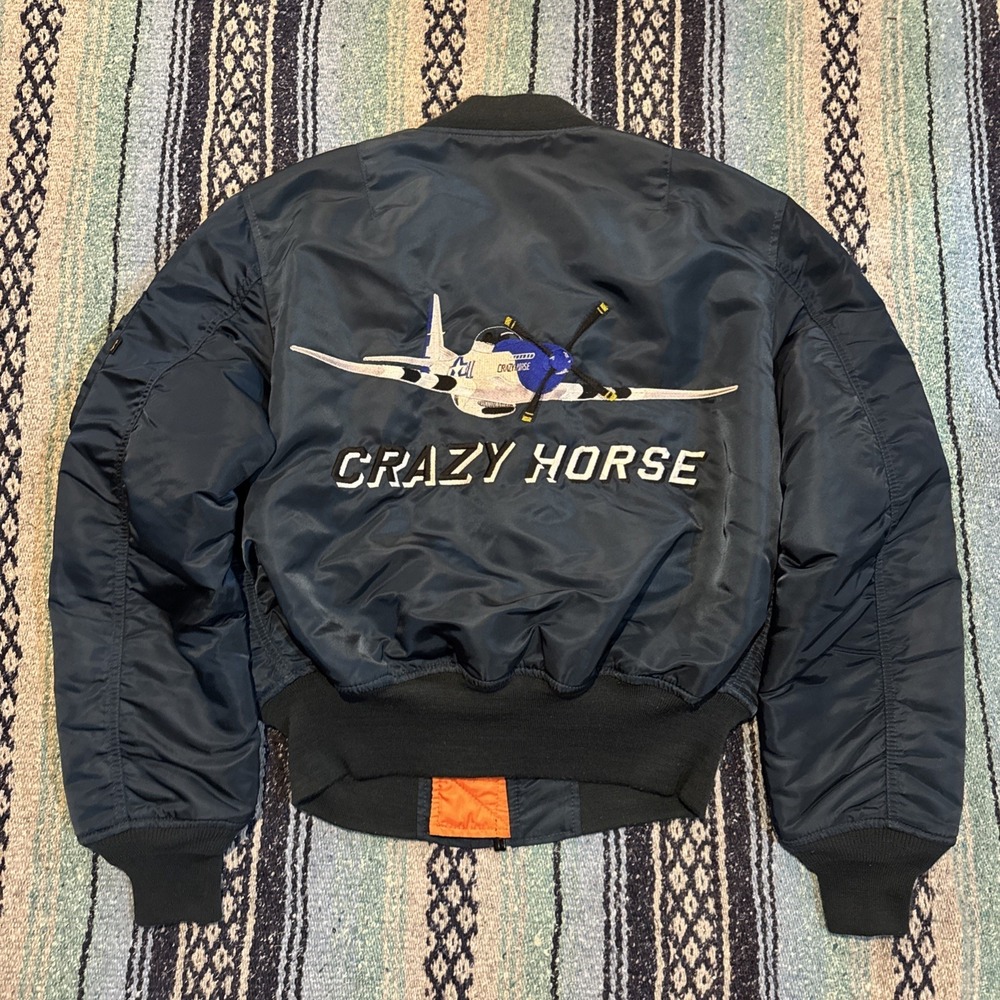 VTG RARE BLUE Alpha Industries TF-51 B-51 Mustang MA-1 Jacket Sz M PILOT CREW